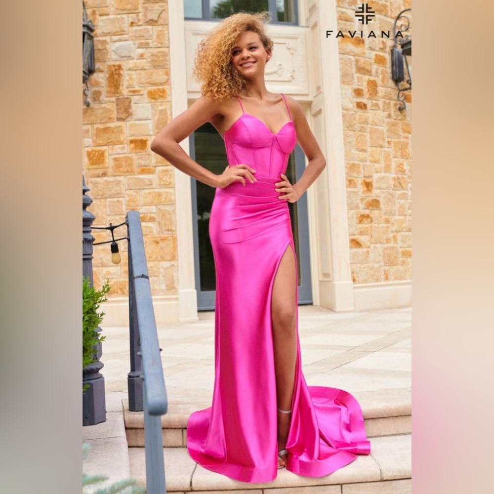 Faviana Hot Pink satin v neck corset dress